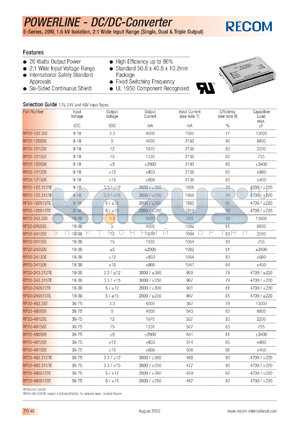 RP20-483.3TE datasheet - 20W DC/DC converter with 36-75V input, 3.3V/3000mA output