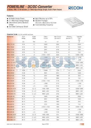 RP40-123.315DE datasheet - 40W DC/DC converter with 9-18V input, 15V/4000mA output