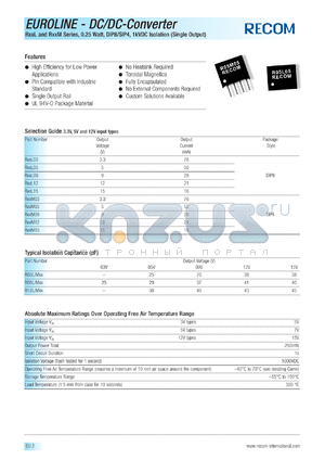 R12M3.3 datasheet - 0.25W DC/DC converter with 12V input, 3.3V/76mA output