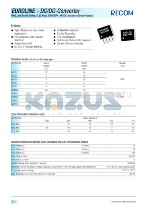 R05M3.3 datasheet - 0.25W DC/DC converter with 12V input, 3.3V/76mA output