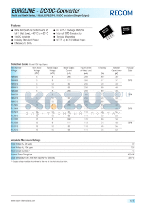 R05O05 datasheet - 1W DC/DC converter with 5V input, 5V/200mA output