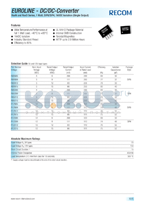 R05O12 datasheet - 1W DC/DC converter with 5V input, 12V/83mA output