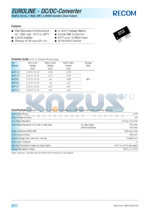 R05P1.8D datasheet - 1W DC/DC converter with 5V input, +-5V/+-278mA output