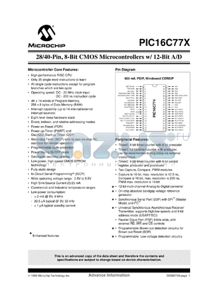 PIC16C774/JW datasheet - Bits number of 8 Memory configuration 4096x14 Memory type EPROM Microprocessor/controller features USART, I2C, SPI, PWM, Brown-Out Protection, Watchdog, In-System programming, Capture/Compare