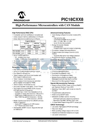 PIC18C858/CL datasheet - Bits number of 8 Memory type EPROM Frequency clock 40 MHz Memory size 16 K-bit 8-bit CMOS EPROM MCU, 16K EPROM, 1536 bytes RAM