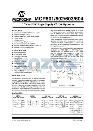 MCP602-I/P datasheet - Operational amplifier features CMOS Dual, CMOS, Low Power, Rail-to-Rail Output Op. Amp.
