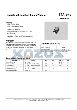 SMV1266-011 datasheet - Hyperabrupt junction tuning varactor