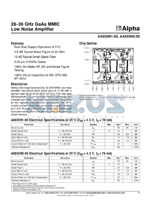 AA035N2-00 datasheet - 28-36 GHz GaAs MMIC low noise amplifier