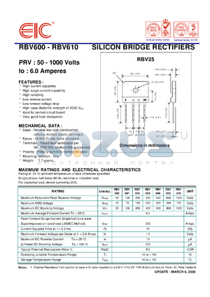 RBV600 datasheet - 50 V, 6 A, silicon bridge rectifier