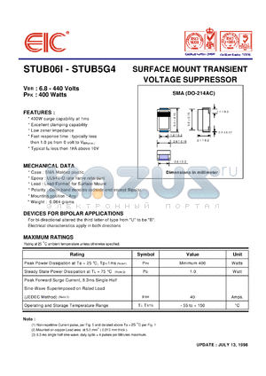 STUB0B5 datasheet - Working peak reverse voltage: 128 V, 1 mA, 400 W surface mount transient voltage suppressor