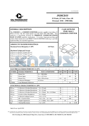 1920CD35 datasheet - 35 W, 25 V, 1930-1990 MHz common emitter transistor