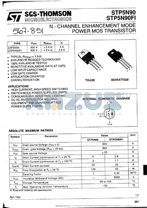 STP5NA90FI datasheet - Power dissipation 60 W Transistor polarity N Channel Current Id cont. 3.5 A Voltage Vgs th max. 2 kV Voltage Vds max 900 V Resistance Rds on 2.5 R Temperature current 25 ?C Temperature power 25 ?C