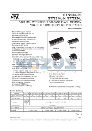 ST72C124J4B6 datasheet - Bits number of 8 Memory type Flash Microprocessor/controller features 3 level LVD/OSG/ Internal OSC/ A/D Converters/PWM/Watchdog,SPI,SCI Frequency clock 16 MHz Memo