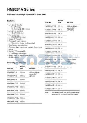 HM6264ALFP-12 datasheet - 8192-word x 8-bit high speed CMOS static RAM, 120ns