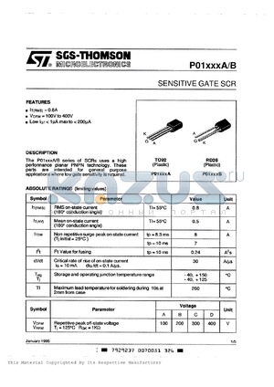 P0102CA datasheet - Sensitive gate SCR, 300V