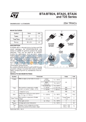 BTA25-800B datasheet - Triac, 25A, sensitivity 50 mA, 800V