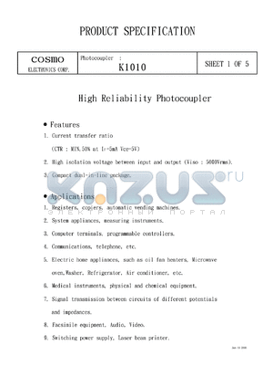 K1010C datasheet - Photocoupler, CTR 200 to 400%. for registers, copiers, automatic vending machines, communications, telephone, etc