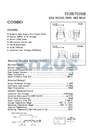 V210AB datasheet - High voltage, photo MOS reley, dv/dt >500V/ms, isolation 3750V