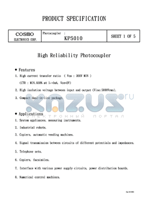 KP5010D datasheet - Photocoupler, CTR 5000 to 9000%, isolation 5000V, for telephone sets, interface with various power supply circuits