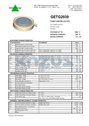 GETG2039 datasheet - 1600 V  phase controlled SCR