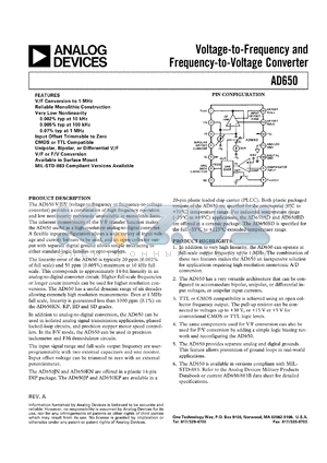 AD650KP datasheet - Voltage-to-frequency and frequency-to-voltage converter, gain tempco ppm/C 100 kHz 150 typ, 1 MHz linearity 0.1% max