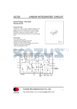 UC723 datasheet - Adjustable voltage regulator.  Up to 150mA output current. Adjustable output voltage (from 2V to 37V).