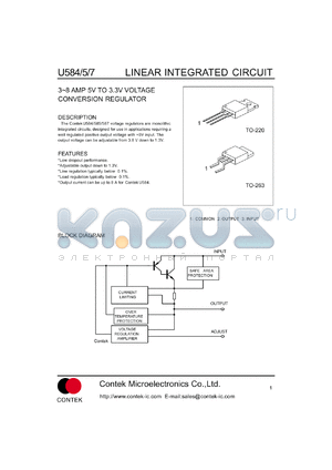 U584 datasheet - Voltage conversion regulator. +5V input. Adjustable output voltage from 3.8B down to 1.3V. Current limit 8.0A.min; 8.5A,max.