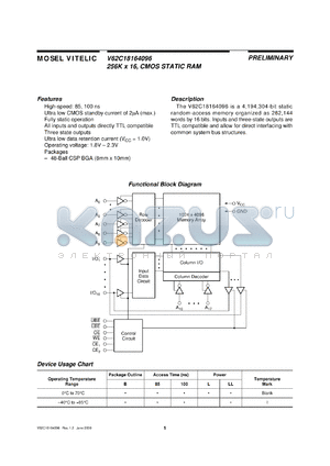 V62C18164096L-85B datasheet - 256K x 16, CMOS STATIC RAM, low power, 85ns, operating voltage =1.8V  2.3V