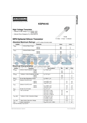 KSP44 datasheet - High voltage NPN transistor, collector-emitter=400V, collector power dissipation=625 mW