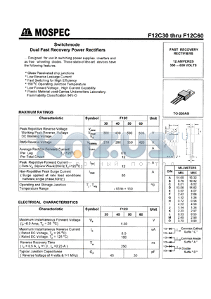 F12C60A datasheet - Switchmode dual fast recovery power rectifier, 600V, 12A