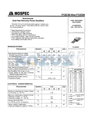 F12C30A datasheet - Switchmode dual fast recovery power rectifier, 300V, 12A