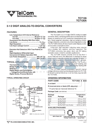TC7126ARCKW datasheet - 3-1/2 digit analog-to-digital converter with hold. Low temperature drift internal reference 35 ppm/degC.