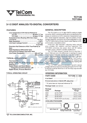 TC7126ARCLW datasheet - 3-1/2 digit analog-to-digital converter with hold. Low temperature drift internal reference 35 ppm/degC.