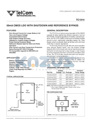 TC1015-3.3VCT datasheet - 100mA CMOS LDO with shutdown and reference bypass. Output voltage 3.3 V.