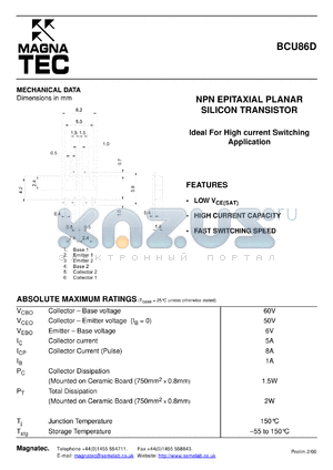 BCU86D datasheet - NPN epitaxial planar silicon tpansistor. Ideal for high current switching application.