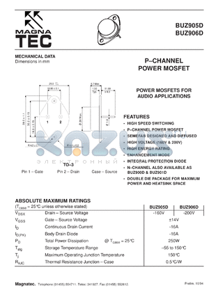 BUZ905D datasheet - P-channel power MOSFET. Power MOSFETs for audio applications. Drain - source voltage -160V.