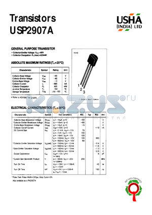 USP2907A datasheet - General ourpose transistor. Vcbo = -60V, Vceo = -60V, Vebo = -5V, Ic = -600mA, Pc = 625mW.