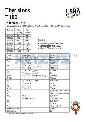 T100/04 datasheet - Thyristor. D.C. motor control, controlled rectifiers, A.C. controllers. Vrrm = 400V, Vrsm = 500V.