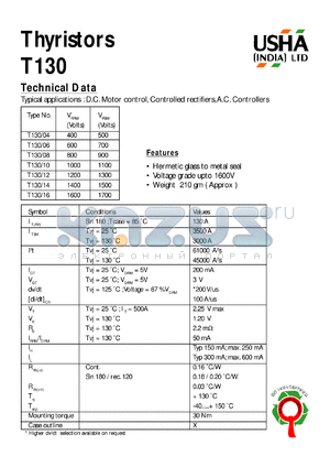 T130/04 datasheet - Thyristor. D.C. motor control, controlled rectifiers, A.C. controllers. Vrrm = 400V, Vrsm = 500V.