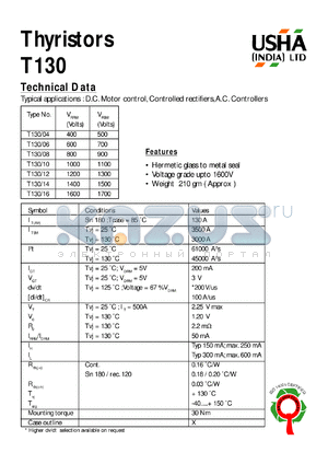 T130/12 datasheet - Thyristor. D.C. motor control, controlled rectifiers, A.C. controllers. Vrrm = 1200V, Vrsm = 1300V.