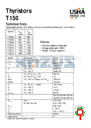 T150/06 datasheet - Thyristor. D.C. motor control, controlled rectifiers, A.C. controllers. Vrrm = 600V, Vrsm = 700V.
