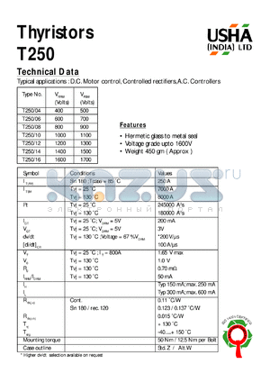 T250/16 datasheet - Thyristor. D.C. motor control, controlled rectifiers, A.C. controllers. Vrrm = 1600V, Vrsm = 1700V.