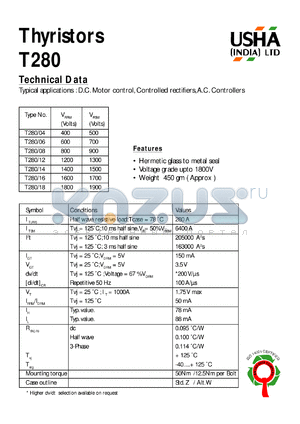 T280/04 datasheet - Thyristor. D.C. motor control, controlled rectifiers, A.C. controllers. Vrrm = 400V, Vrsm = 500V.