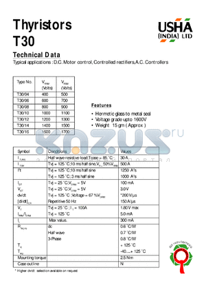 T30/06 datasheet - Thyristor. D.C. motor control, controlled rectifiers, A.C. controllers. Vrrm = 600V, Vrsm = 700V.