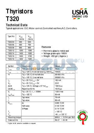 T320/04 datasheet - Thyristor. D.C. motor control, controlled rectifiers, A.C. controllers. Vrrm = 400V, Vrsm = 500V.