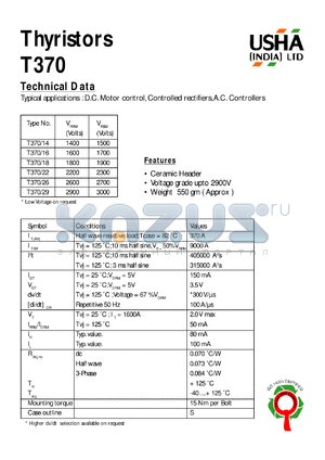 T370/14 datasheet - Thyristor. D.C. motor control, controlled rectifiers, A.C. controllers. Vrrm = 1400V, Vrsm = 1500V.