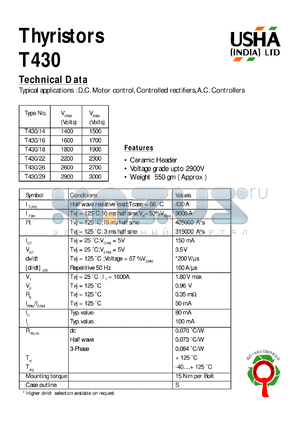 T430/16 datasheet - Thyristor. D.C. motor control, controlled rectifiers, A.C. controllers. Vrrm = 1600V, Vrsm = 1700V.