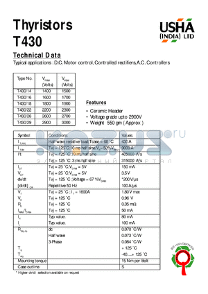 T430/18 datasheet - Thyristor. D.C. motor control, controlled rectifiers, A.C. controllers. Vrrm = 1800V, Vrsm = 1900V.