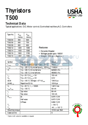 T500/08 datasheet - Thyristor. D.C. motor control, controlled rectifiers, A.C. controllers. Vrrm = 800V, Vrsm = 900V.