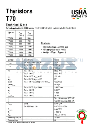 T70/04 datasheet - Thyristor. D.C. motor control, controlled rectifiers, A.C. controllers. Vrrm = 400V, Vrsm = 500V.